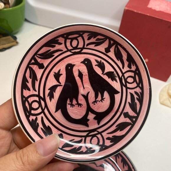 Bonwit Teller Set 5 primitive folk art birds coasters Pink original box Italy - Picture 10 of 14